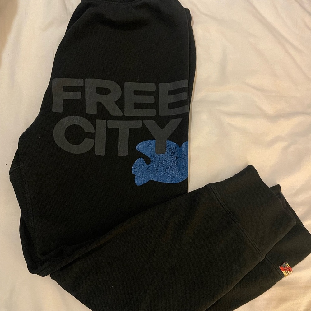 Freecity Black Sweatpants with blue Graphic Details- good condition, super soft